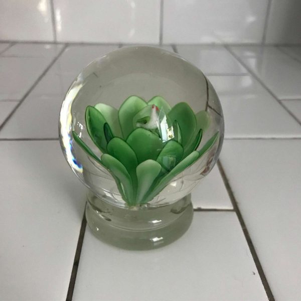 Vintage glass paperweight green flower with bird center on pedestal base collectible display home decor