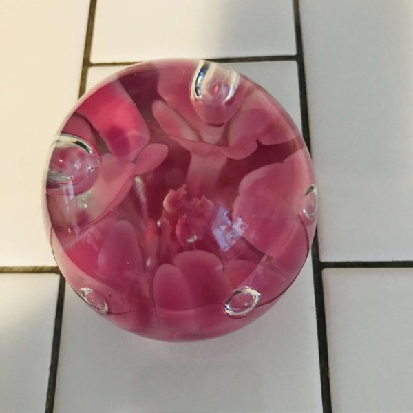 Vintage glass paperweight Joe Rice 1990's Pink bubble flowers collectible display home decor