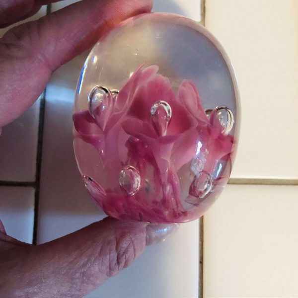 Vintage glass paperweight Joe Rice 1990's Pink bubble flowers collectible display home decor