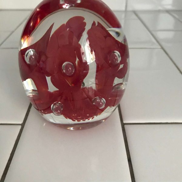 Vintage glass paperweight Joe Rice 1990's Red bubble flowers collectible display home decor