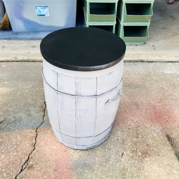 Vintage Gray Nail Barrel with Black lid double handles storage farmhouse bird seed dog food garage barn kitchen collectible display bin box