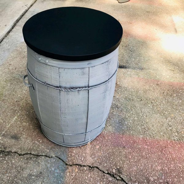 Vintage Gray Nail Barrel with Black lid double handles storage farmhouse bird seed dog food garage barn kitchen collectible display bin box