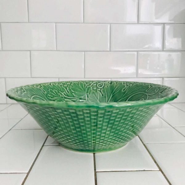 Vintage Green Leaf & vine pattern bowl with woven pattern edges farmhouse collectible pottery display cabin lodge