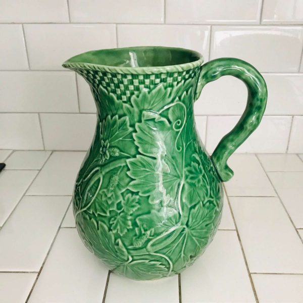 Vintage Green Leaf & vine pattern Pitcher and bowl with woven pattern edges farmhouse collectible pottery display cabin lodge