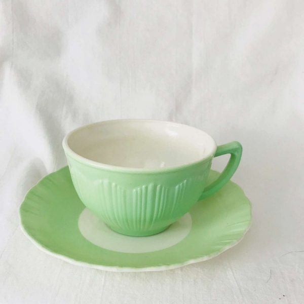 Vintage Green Milk Glass ribbed tea cup and saucer rimmed round bottom collectible farmhouse display coffee tea