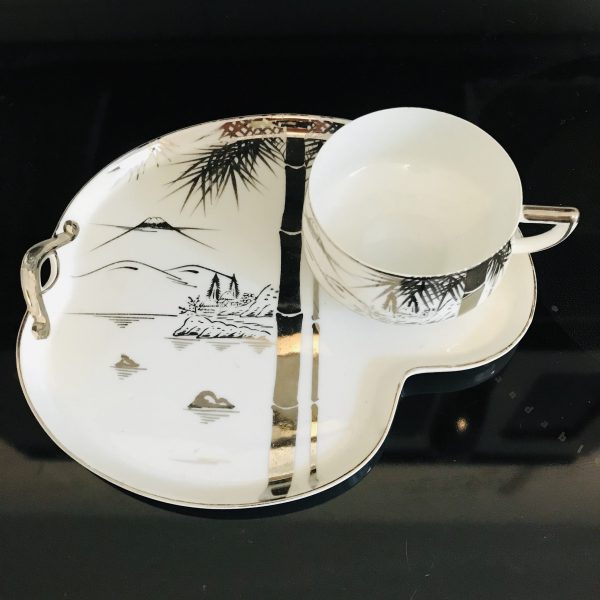 Vintage Hakusan Japan tea cup and saucer snack plate Fine bone china white with Silver Asian scene farmhouse collectible display cottage