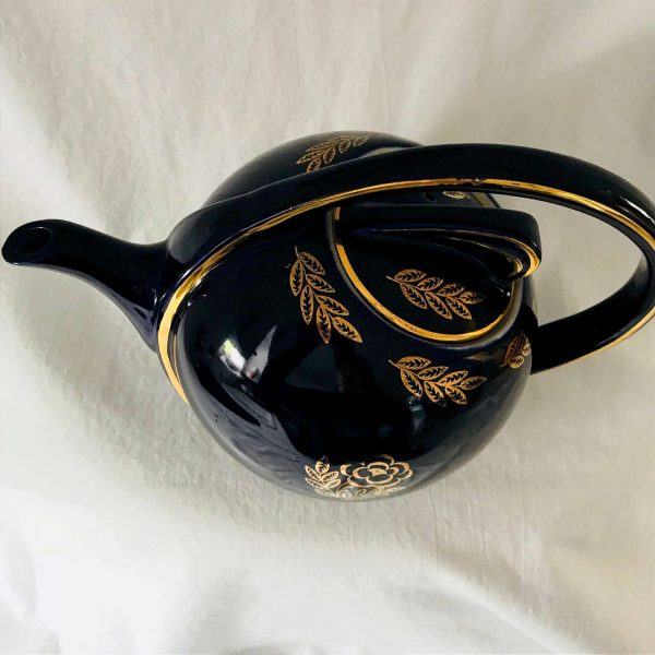 Vintage Hall Cobalt Teapot Airflow Sleek Design Gold flowers and heavy gold trim collectible display farmhouse cottage kitchen dining
