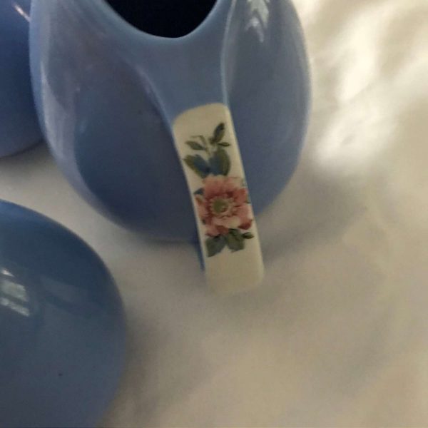 Vintage Hall Creamer Salt and Pepper Periwinkle blue with floral handles pottery farmhouse collectible display retro kitchen decor pottery