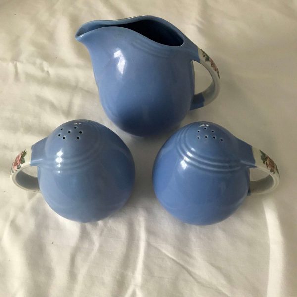 Vintage Hall Creamer Salt and Pepper Periwinkle blue with floral handles pottery farmhouse collectible display retro kitchen decor pottery