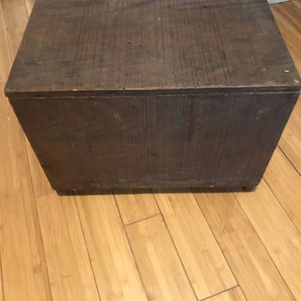 Vintage hand made wooden storage box with hinge lid and footed collectible toy box display garage shed storage