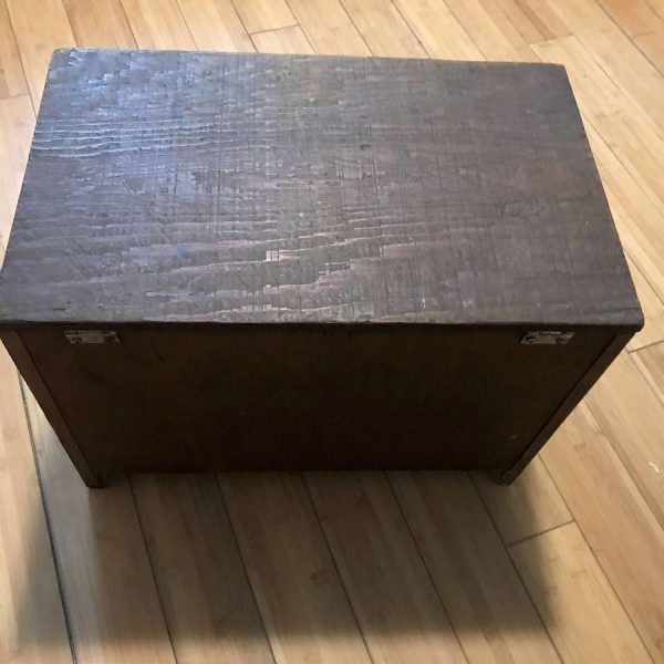 Vintage hand made wooden storage box with hinge lid and footed collectible toy box display garage shed storage