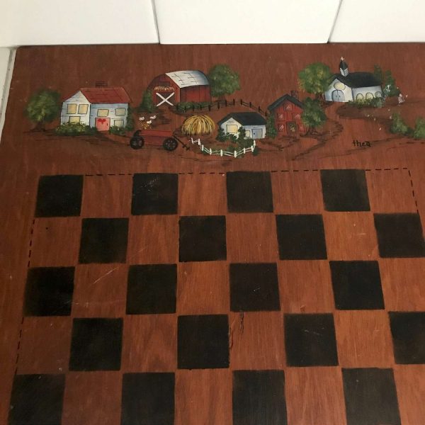 Vintage Hand painted Farmhouse Motif checker board chess board wooden family room rec room man cave