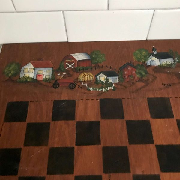 Vintage Hand painted Farmhouse Motif checker board chess board wooden family room rec room man cave