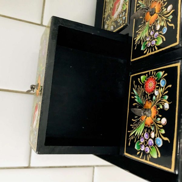 Vintage Hand Painted Trinket Jewelry Storage Box Birds Flowers butterflies Mexican Folk Art Alhajero Original vintage hand painted