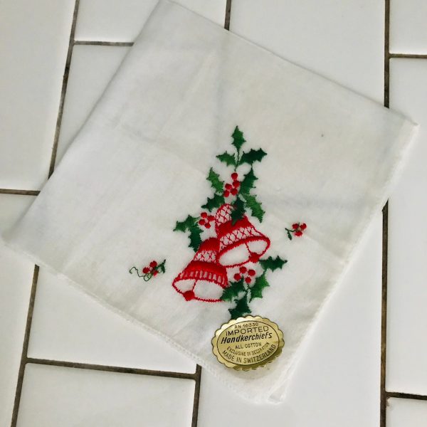Vintage Hanky Christmas Holly & Christmas Bells cotton 12x12 bright vivid colors Holiday handkerchief collectible display sewing Switzerland