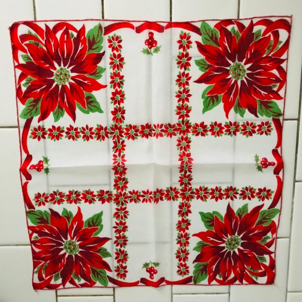 Vintage Hanky Christmas Poinsettias cotton 14x14 bright vivid colors Holiday handkerchief collectible display sewing
