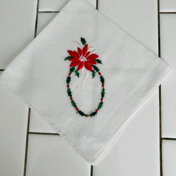 Vintage Hanky Christmas Poinsettias& Holly cotton 12x12 bright vivid colors Holiday handkerchief collectible display sewing