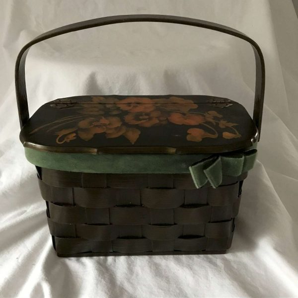 Vintage Hard side Purse Travel Basket Wooden Lid Floral wooden lid tapestry lined clean mid century collectible display handbag