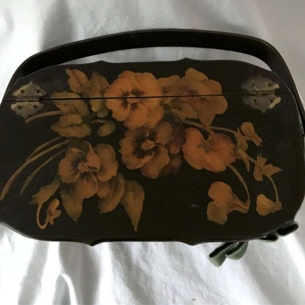 Vintage Hard side Purse Travel Basket Wooden Lid Floral wooden lid tapestry lined clean mid century collectible display handbag