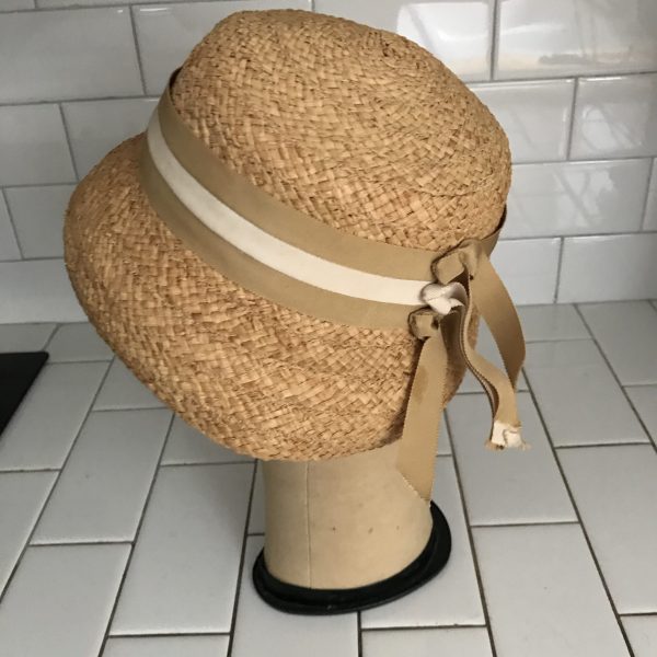 Vintage Hat Beige Cloche Straw with Gross Grain beige and ivory knots and ribbons theater movie prop costume special event