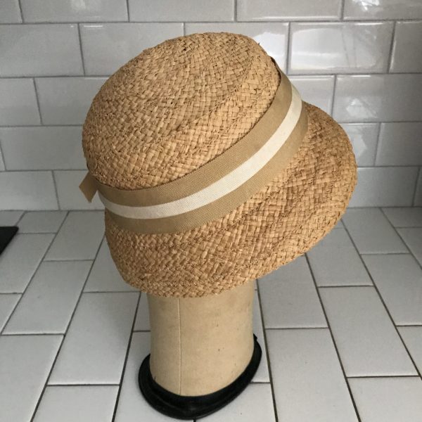 Vintage Hat Beige Cloche Straw with Gross Grain beige and ivory knots and ribbons theater movie prop costume special event