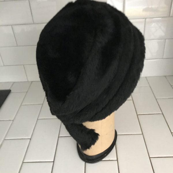 Vintage Hat Black Faux Fur Winter hat with fur bow at back bottom theater movie prop special event collectible