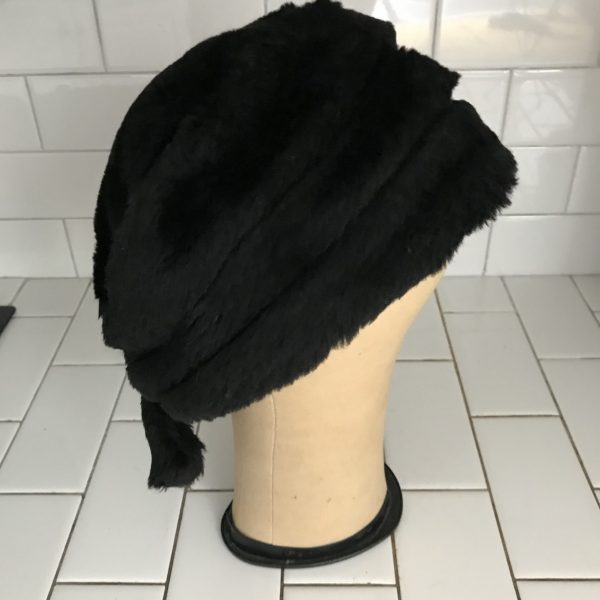 Vintage Hat Black Faux Fur Winter hat with fur bow at back bottom theater movie prop special event collectible