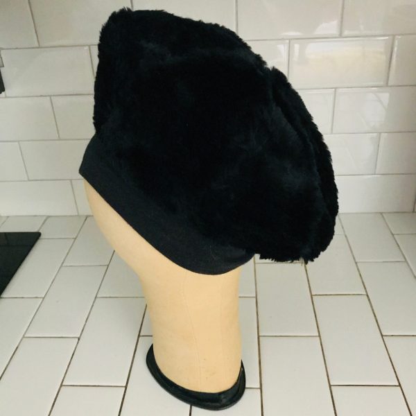 Vintage Hat Black Tam style Faux Fur Winter hat with knit brim theater movie prop special event collectible