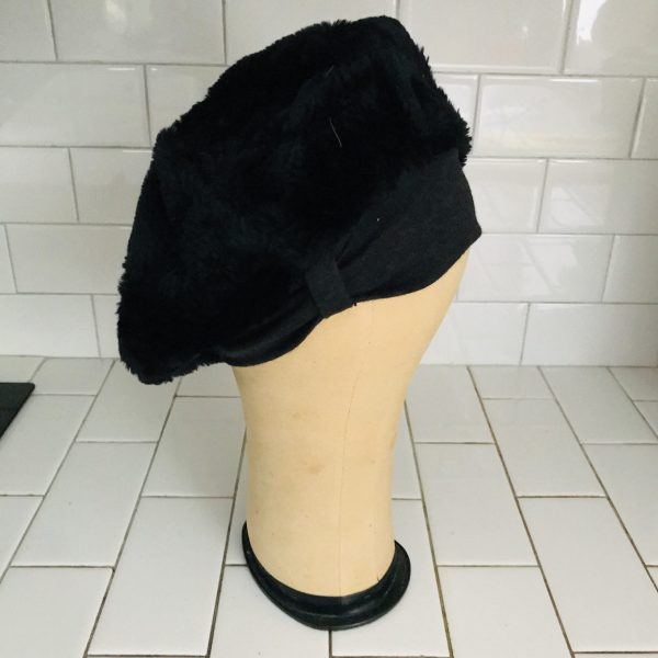 Vintage Hat Black Tam style Faux Fur Winter hat with knit brim theater movie prop special event collectible
