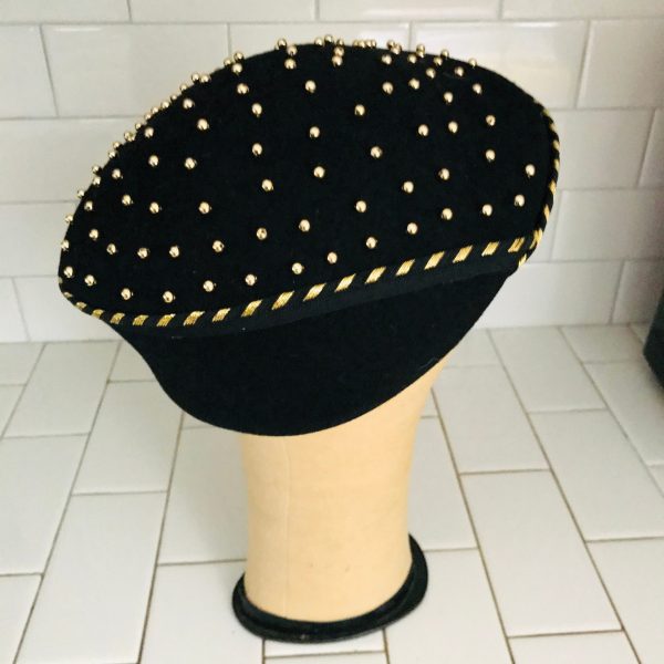 Vintage Hat Black Tam style molded wool with gold beads USA theater movie prop special event collectible