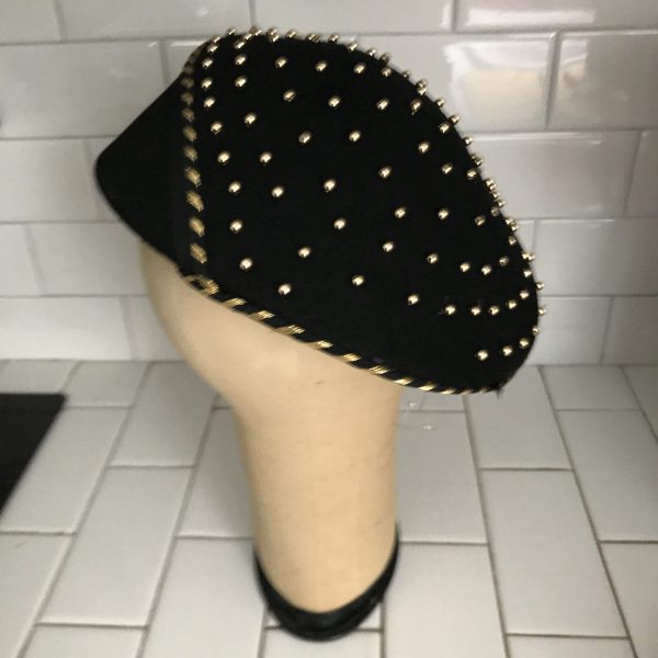 Vintage Hat Black Tam style molded wool with gold beads USA theater movie prop special event collectible