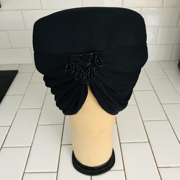 Vintage Hat Black Turban style with beaded front trim theater movie prop costume Evelyn Varon Exclusive USA Union Made 1930's-40's