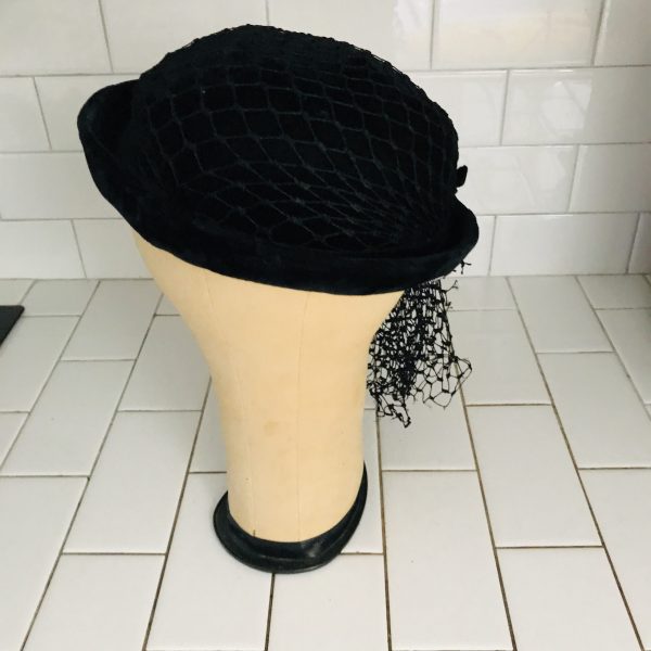 Vintage Hat Black Velvet with netting cover and drop trim netting Short bowler small brim theater movie prop costume special event