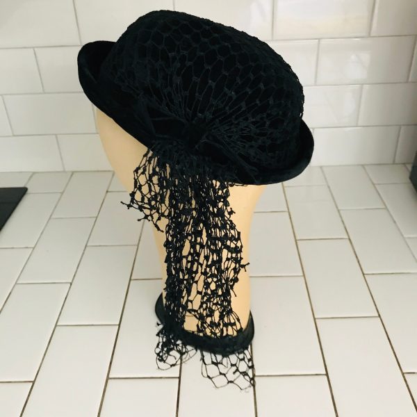 Vintage Hat Black Velvet with netting cover and drop trim netting Short bowler small brim theater movie prop costume special event