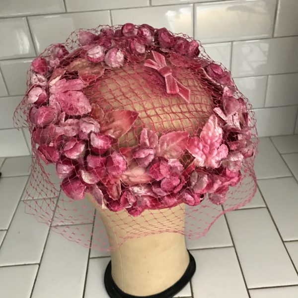 Vintage Hat Bright Pink Velvet Flowers with Netting and bow Facinator top cover theater movie prop costume special event
