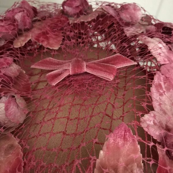 Vintage Hat Bright Pink Velvet Flowers with Netting and bow Facinator top cover theater movie prop costume special event