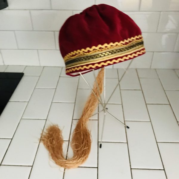 Vintage Hat Dark Red Velvet ornate trim around head Pixie Costume Genie 28" tassle theater movie prop costume 20 1/2" around