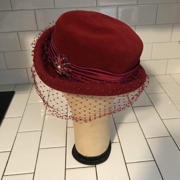 Vintage Hat Dark Red Wool with netting brooch & Satin trim theater movie prop costume Picardy France Felix brand special event collectible