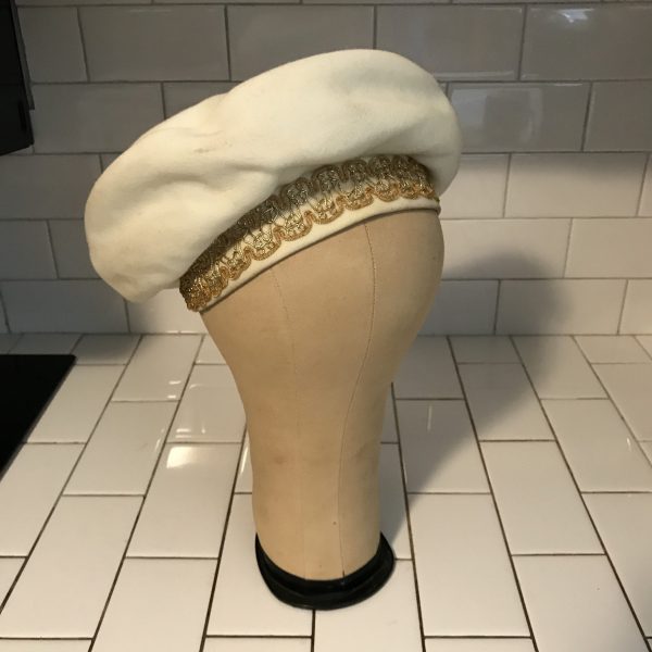Vintage Hat Ivory Tam style wool with gold braided trim on base theater movie prop special event collectible