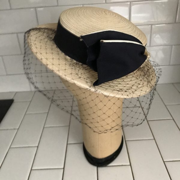 Vintage Hat Navy Blue and Beige Boater with navy netting plastic straw Pearls & Gross grain ribbon theater movie prop costume special event