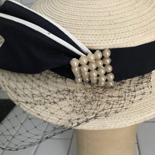 Vintage Hat Navy Blue and Beige Boater with navy netting plastic straw Pearls & Gross grain ribbon theater movie prop costume special event