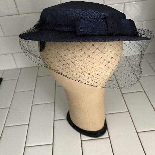 Vintage Hat Navy Blue Boater with netting Shinny fabric Facinator top cover theater movie prop costume special event