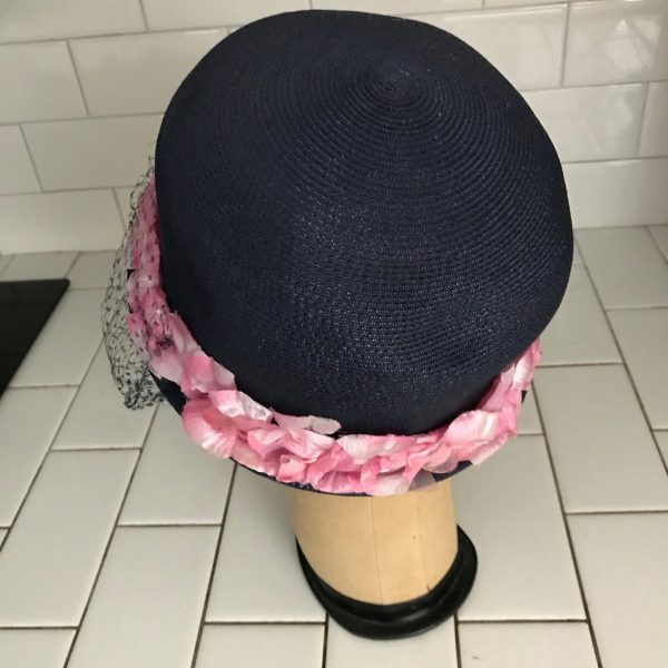 Vintage Hat Navy Blue Cloche Plastic Straw Bright Pink satin flowers and navy netting theater movie prop costume special event
