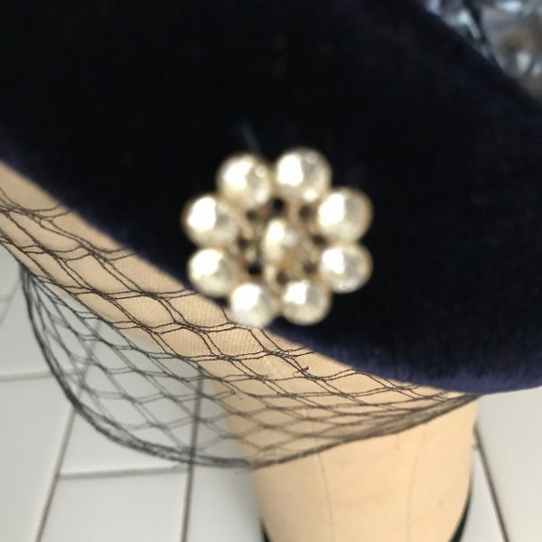 Vintage Hat Navy Blue Velvet double Netting Plastic straw top Clear Rhinestone Fascinator  theater movie prop costume special event