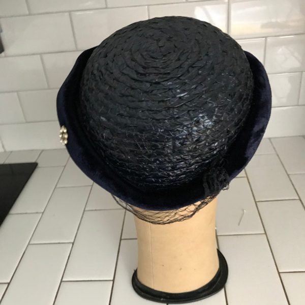 Vintage Hat Navy Blue Velvet double Netting Plastic straw top Clear Rhinestone Fascinator  theater movie prop costume special event
