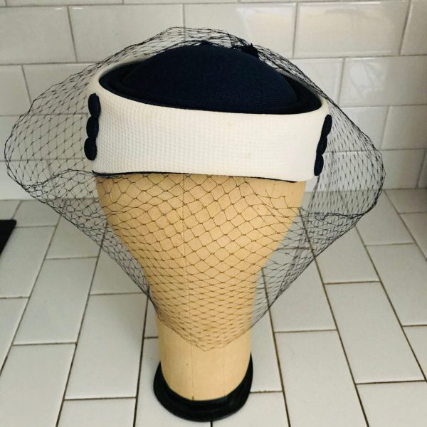 Vintage Hat Navy Blue & white Navy Buttons and netting Fascinator theater movie prop costume special event