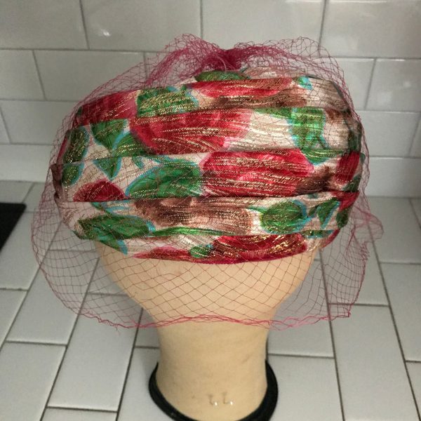 Vintage Hat Pillbox Pink netting Shinny Floral metalic Union made USA fabric theater movie prop costume special event