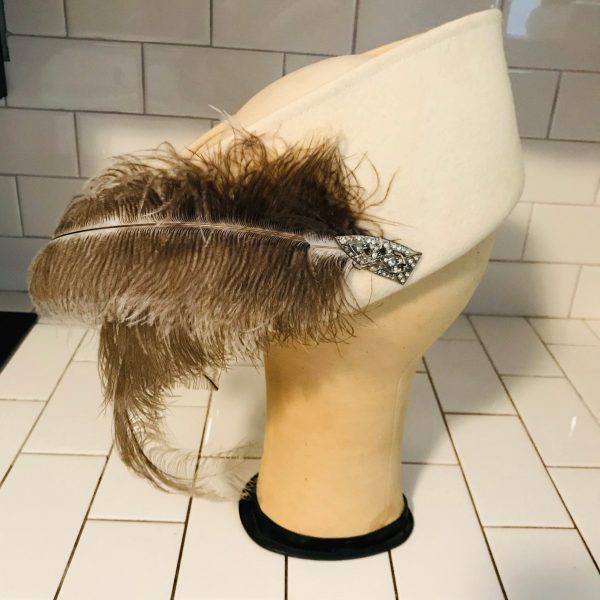 Vintage Hat Sailor style with feathers theater movie prop costume Adolfo II New York Paris felted wool special event collectible Ivory Vintage Hats