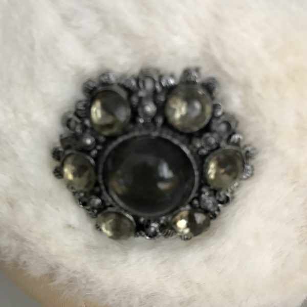 Vintage Hat white faux fur pillbox hat with Rhinestone brooch theater movie prop costume special event
