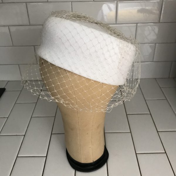 Vintage Hat white pillbox hat with gross grain bow and ivory netting theater movie prop costume special event